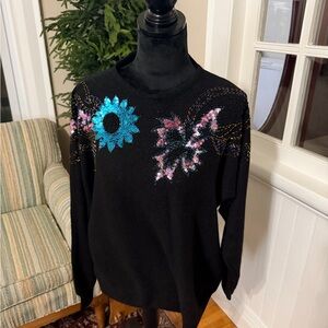 Embroidered Black Sweater with Floral Accents